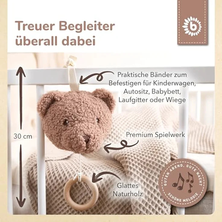 Bieco Musikspieluhr Bär Mika, ca. 30 cm, Bouclé Teddy mit Brahms Wiegenlied, Einschlafhilfe für Babys – Bild 3