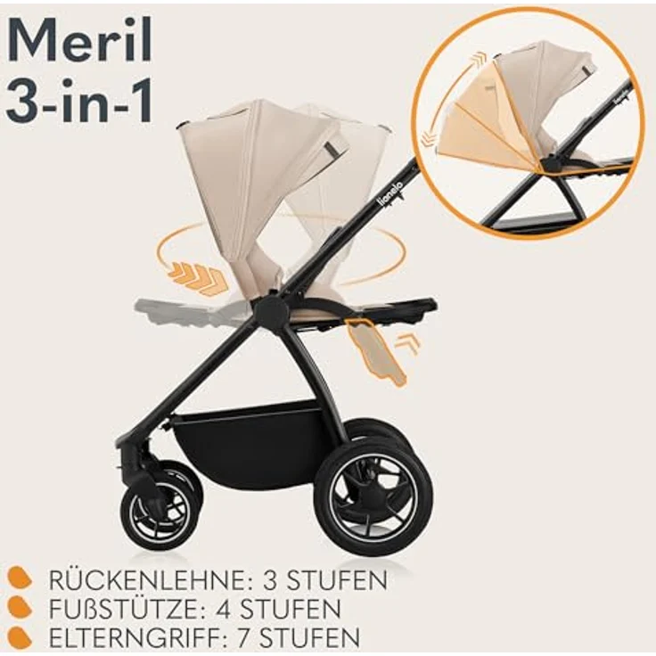 Lionelo Meril Kombikinderwagen 3-in-1, XL-Babywanne, Buggy und ADAC-zertifizierter Kindersitz, geländegängige Räder, voll gefedert, Beige – Bild 4