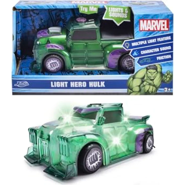 Dickie Toys Marvel Light Hero Hulk, Spielzeug-Auto 1:32 mit Licht- und Soundeffekten, grünes Design mit Friktion und original Hulk-Sounds – Bild 5