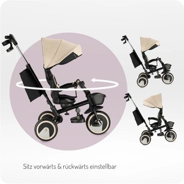 MoMi IVI 3-in-1 Kinderdreirad, beige, mit 360° drehbarem Sitz, Schiebestange & Sonnendach, 3-Punkt-Gurt, PU-Räder – Bild 3