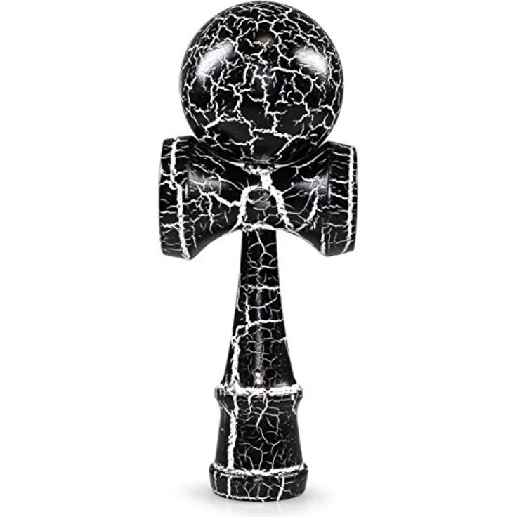 Ganzoo Kendama, Buchenholz Geschicklichkeitsspiel mit reißfester Nylon-Schnur, 3 genormten Fangtellern, schwarz/weiß, Höhe 16 cm – Bild 1