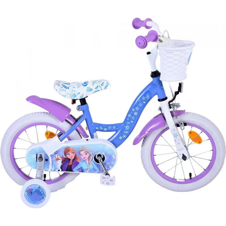 Volare Disney Frozen 2 Kinderfahrrad, 14 Zoll, Blau/Lila, mit abnehmbaren Stützrädern, höhenverstellbarem Sattel und Lenker, Hand- und Rücktrittbremse
