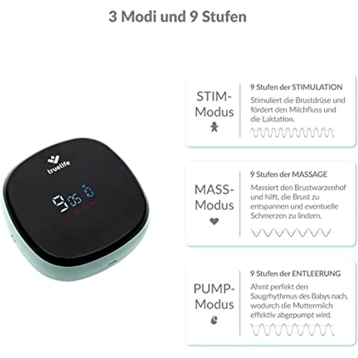 TrueLife Nutrio BP Electric Double, Elektrische Doppelmilchpumpe mit MilkFlowStimulation-Technologie, BPA-frei, ultra-leise, wiederaufladbar (Silikon Schnuller inklusive) – Bild 3