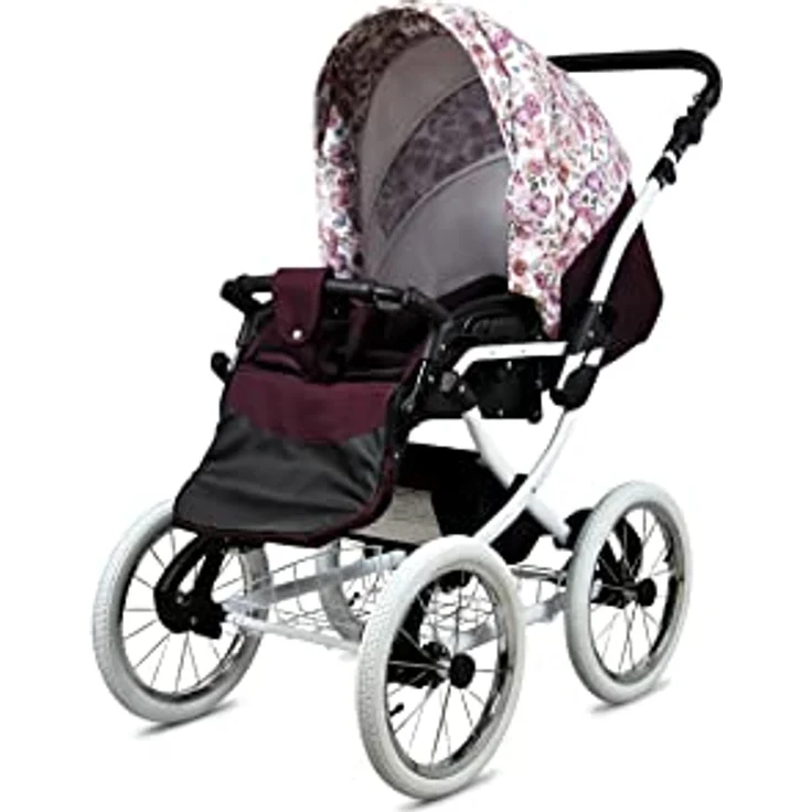 BabyLux ALU 2in1 Kinderwagen Maroon Flowers White Frame - Verstellbar, elegant, sicher und nutzungsfreundlich – Bild 3