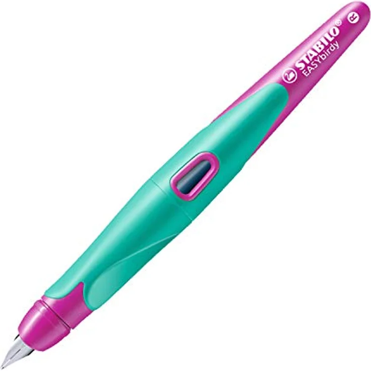 Ergonomischer Schulfüller für Rechtshänder mit Anfänger-Feder A - STABILO EASYbirdy in türkis/neonpink - Einzelstift - inklusive Patrone - Schreibfarbe blau (löschbar) – Bild 3