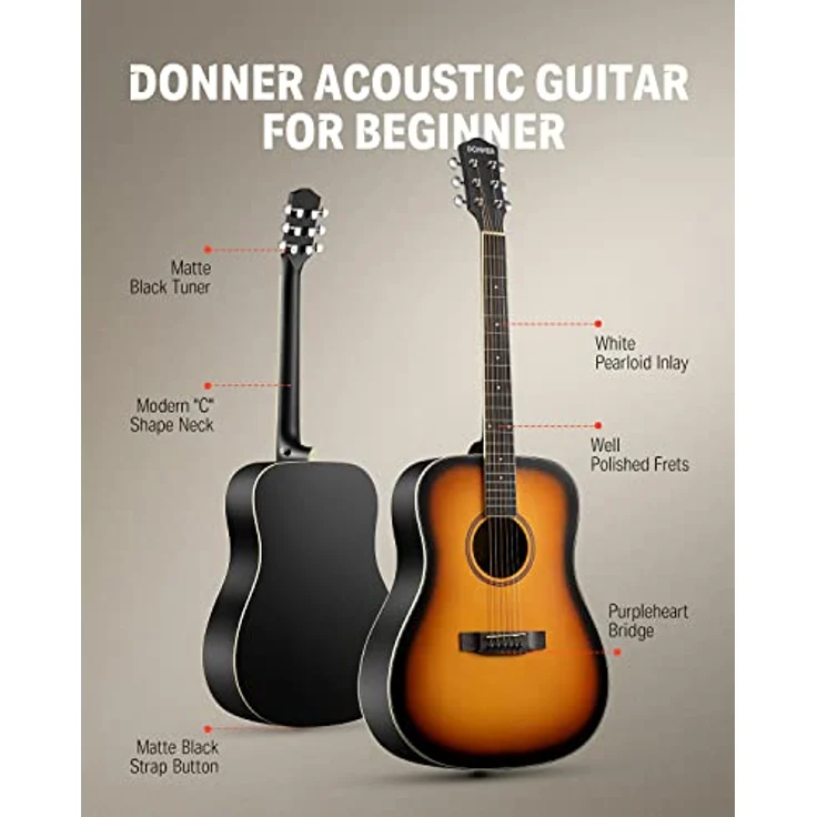 Donner Gitarre Akustik Anfänger Erwachsene Akustikgitarre Kit Einsteiger 4/4 Dreadnought 41 Zoll Gitarren mit 6 Saiten Gigbag Capo Plektren Gurt (Sunburst） – Bild 3