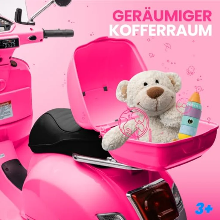 Sun Baby Vespa Elektro Kindermotorrad ab 3 Jahren, Kunststoffräder und -sitze, Kofferraum, MP3-Player, USD MicroSD AUX-Anschluss (Fuchsie) – Bild 5