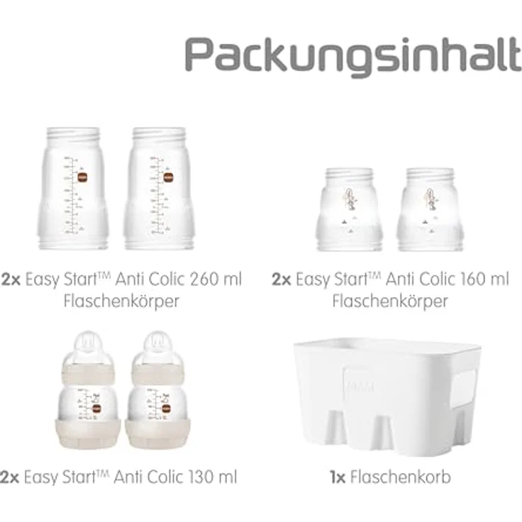MAM Easy Start Anti-Colic Combi-Set, Babyflaschen Set mit 6 Flaschen gegen Koliken (2 x 130 ml, 160 ml, 260 ml) & Flaschenkorb, Babyausstattung ab der Geburt, beige - Preisvergleich – Bild 3