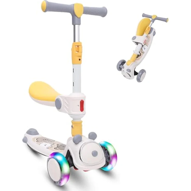 Habib Gruppe Kinderroller Tretroller 3-in-1 Faltbar mit Sitz, LED-Rädern, Verstellbar & Leicht für Kinder (1-12 Jahre) - Grau – Bild 1