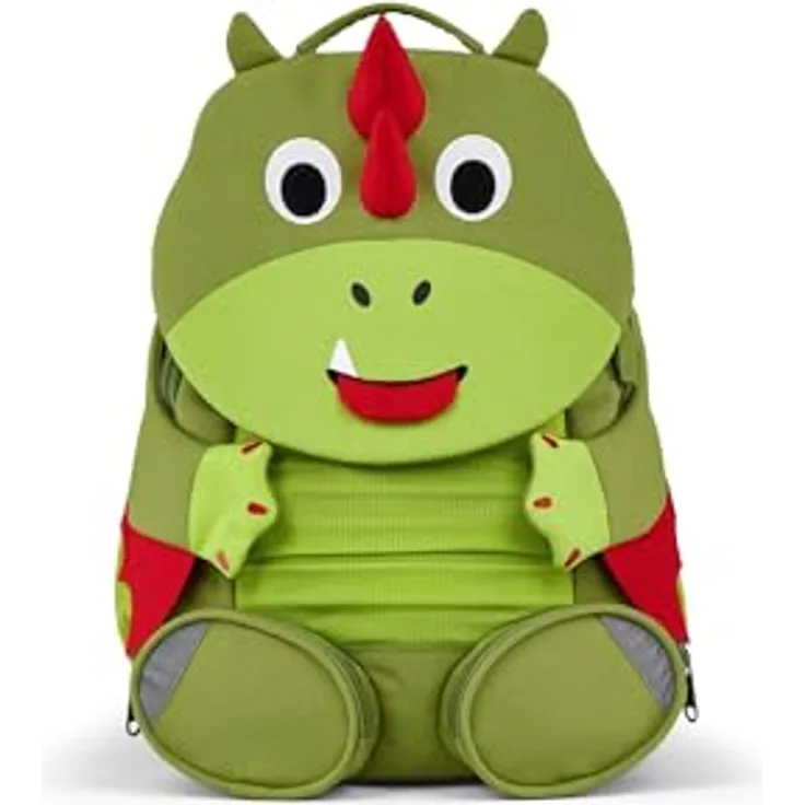 Affenzahn Kindergartentasche Drache, grün, mit gestickten Details, ziehbarer Namensschild-Zunge, höhenverstellbarem Brustgurt und recyceltem Material