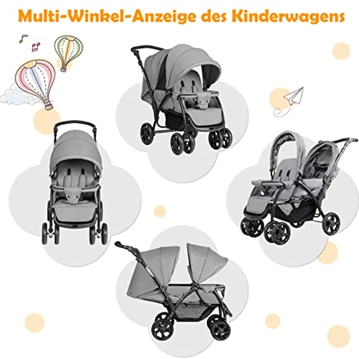 DREAMADE Geschwisterwagen 2 in 1, Doppelkinderwagen baby und kleinkind, Zwillingswagen Faltbar, Babywagen mit Doppelsitz, kinderwagen für 2 kinder, Grau – Bild 10