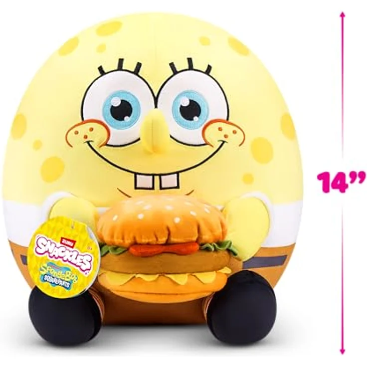 Snackles Spongebob Schwammkopf, 35 cm Plüschspielzeug mit Krabby Patty Snack-Accessoire, weicher Plüsch und süße Persönlichkeit von ZURU – Bild 4