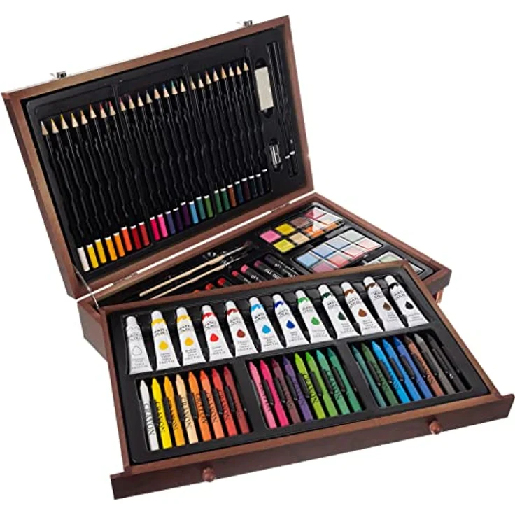 Redfink Kreativset Malset Malkoffer 130-teilig, Holz-Kofferset mit Acrylfarben, Ölfarben, Buntstiften und Malutensilien – Bild 5