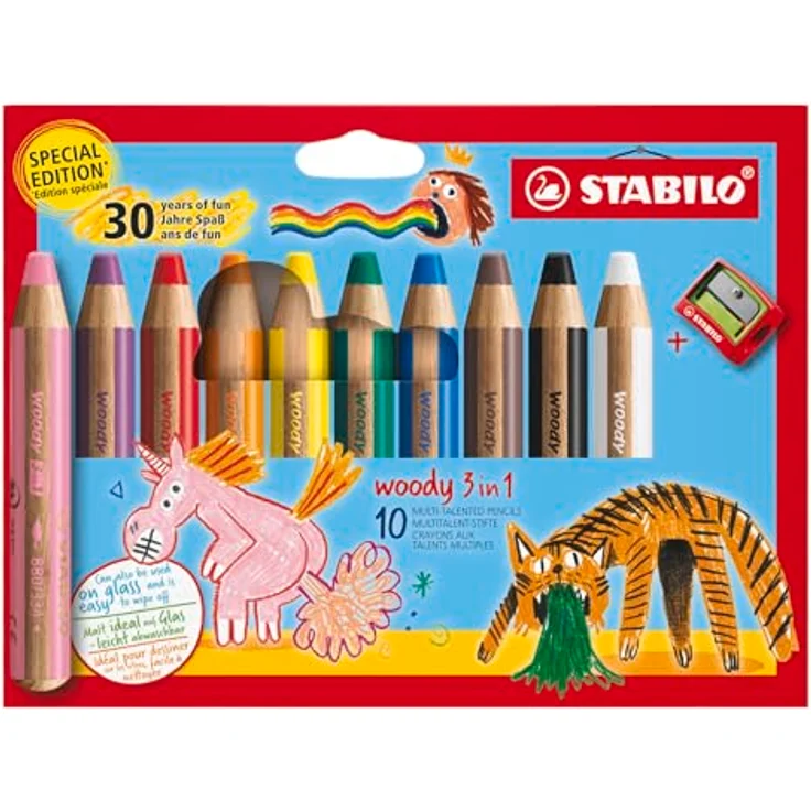 STABILO woody 3in1, Buntstift, Wassermalfarbe und Wachsmalkreide, 10 Stück, 30 Jahre Spaß – Bild 1