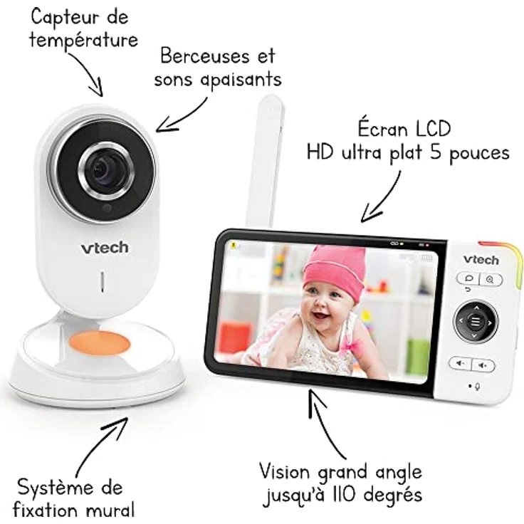 Vtech - BM818 – Babyphone Video Wide View HD – Display 5 Zoll Ultra flach HD – Nachtlicht und Wiegenlieder 720p – Version FR – Bild 2