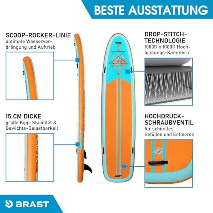 BRAST® SUP Board Family XXL | 370x87x15cm bis 210kg | Aufblasbar mit Zubehör | Summer – Bild 4