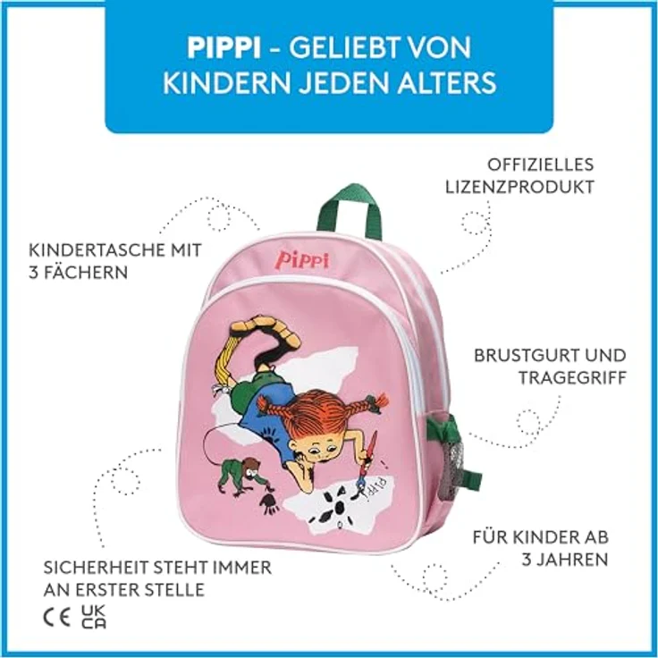 Pippi Langstrumpf Reisetasche, rosa Rucksack für Kinder, mit geräumigem Hauptfach und Sicherheitsfunktionen, geeignet für Alter 3+ – Bild 3