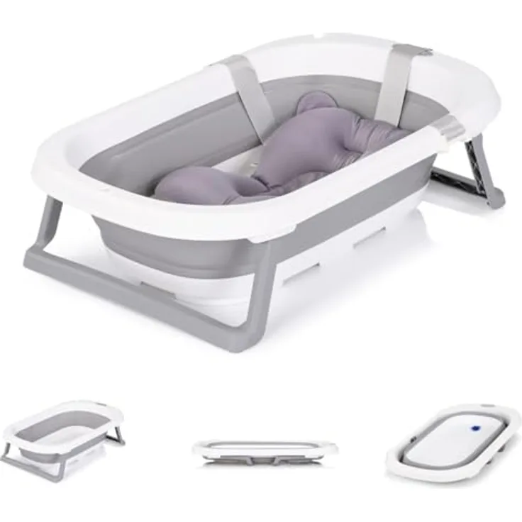 Chipolino Babywanne Isla, faltbar mit Badekissen und integriertem Wasserablauf, Farbe: grau