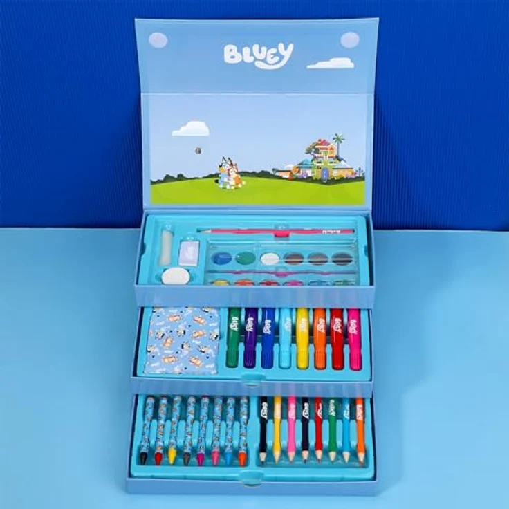 Bluey Farbkasten Mal- & Schreibwaren Set, Farbenfrohes Pastellfarben Koffer mit Buntstiften, Filzstiften und Wasserfarben – Bild 6