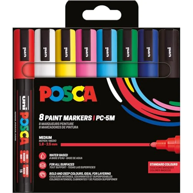 POSCA 182558, POSCA Marker Set mit 8 Acrylstiften PC-5M in Weiß, Gelb, Pink, Rot, Blau, Hellblau, Grün und Schwarz, Permanent Marker mit 1,8 - 2,5 mm Rundspitze – Bild 1