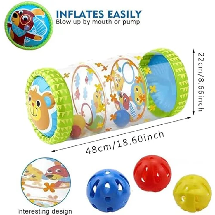 Beenavee Baby-Rolle Krabbelspielzeug, Aufblasbare Krabbelhilfe für Kleinkinder mit Glöckchen und Bällen, 17,8 x 8,7 Zoll – Bild 2