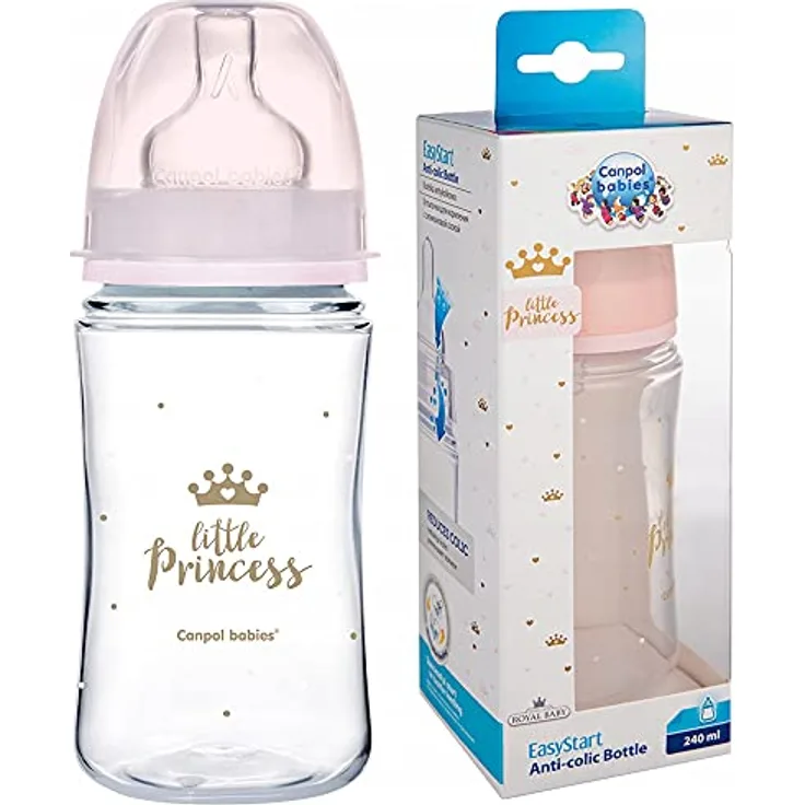 Canpol Babies Royal Baby Babyflasche 3m+ Pink 240 ml, mit weiter Hals und effektivem Entlüftungssystem