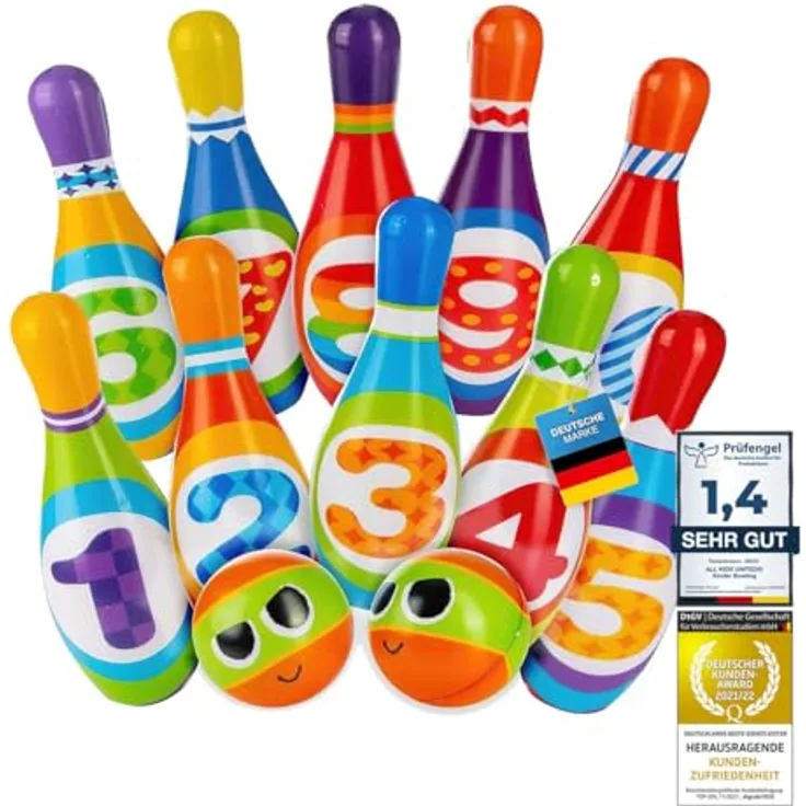 all Kids United® Kegelspiel für Kinder Bowling-Set XXL mit 10 weichen PU Kegeln und 2 Bällen; Pädagogisches Lern-Spielzeug für Drinnen & Draußen aus Schaumstoff (10er Set)