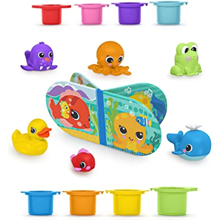 Bright Starts, Splash, Splash Baby 15 Stück Badeset - wasserdichtes Buch, Gummientchen, Tierspielzeug und Stapelbecher, Unisex, 6 Monate+