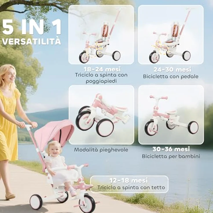 AIYAPLAY Dreirad 5-in-1 mit Schubstange, faltbar, reversibler Sitz, Fußstütze, ausziehbares Sonnendach, Sicherheitsgurt, rosa, für 1-3 Jahre – Bild 4