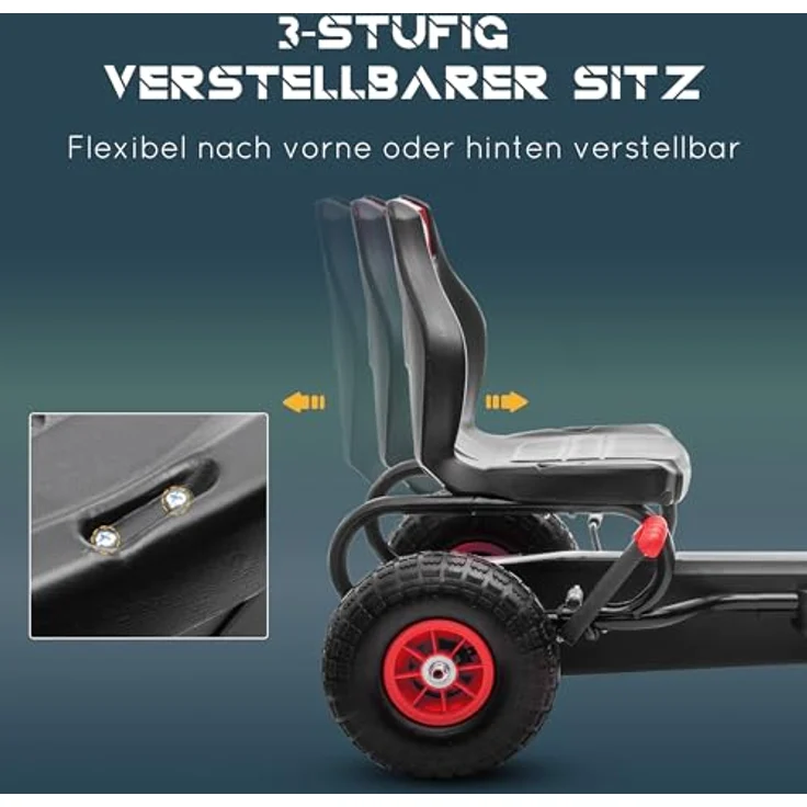 HOMCOM Go-Kart Kettcar Tretauto mit Gummireifen, für 5-12 Jahre Kinder, 121L x 58B x 61H cm, Rot&Schwarz – Bild 3