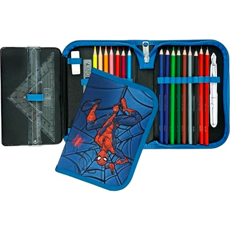 Scooli Gefülltes Schüleretui Spider Man, Ergonomisches Federmäppchen mit 14 Buntstiften, 2 Bleistiften und umfangreichem Zubehör, Ideal für Schule und Freizeit, Für Kinder ab 6 Jahren – Bild 2