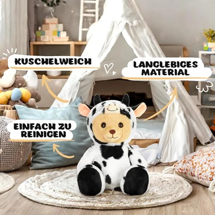 BRUBIES Teddy Kuh - 25 cm Teddybär im Kuhkostüm mit abnehmbarer Kapuze - Extra weiches Plüschmaterial - Pflegeleicht - Kuscheltier Geschenk für Kinder – Bild 4