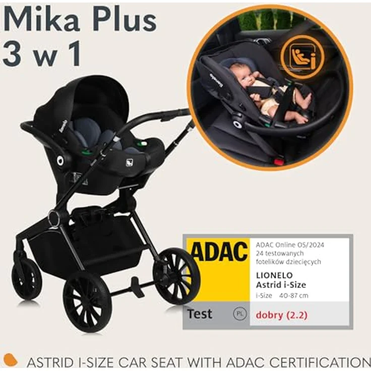 Lionelo MIKA PLUS 3-in-1 Buggy, ergonomisch mit Dämpfung und XXL-Verdeck, schwarz – Bild 3