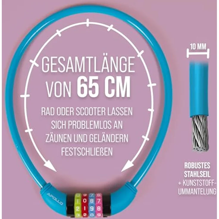 Apollo Kabelschloss / Zahlenschloss 650mm, sicheres Zahlenschloss für Kinderfahrräder, Blau – Bild 4