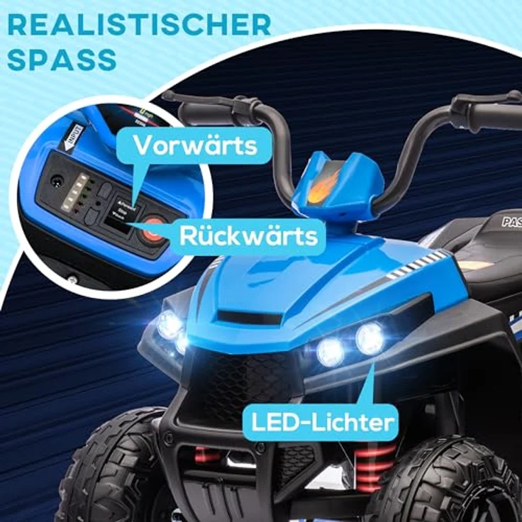AIYAPLAY Elektro Quad für Kinder 12V Kinderquad mit 4-Rad-Federung, MP3-Musikplayer, Vorwärts- und Rückwärtsgang, 5 km/h, Metall, Blau – Bild 4