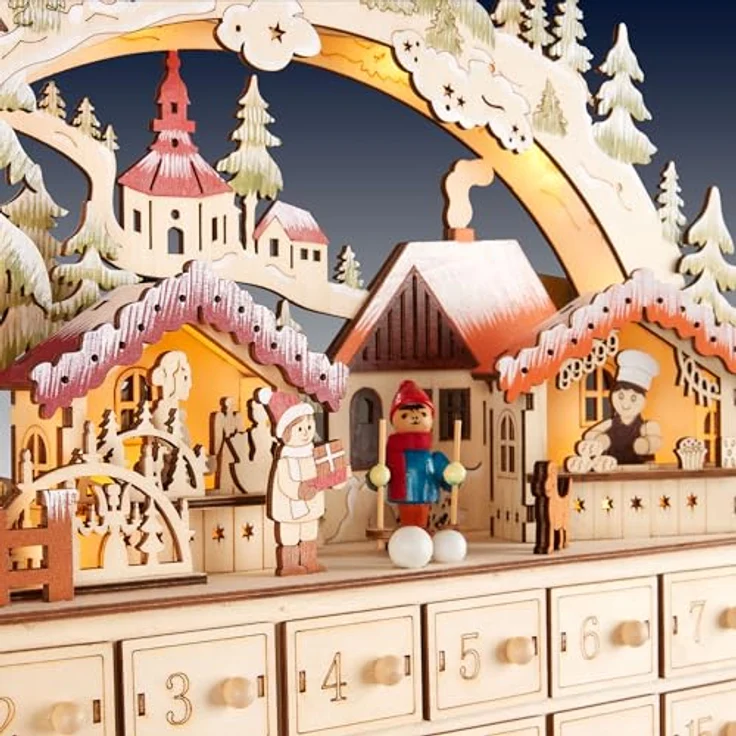 BRUBAKER Adventskalender zum Befüllen - Weihnachtsdorf 2024 aus Holz mit LED Beleuchtung - Dorf mit Kindern, Bäckerei, Hund und Wald - 40 cm Kalender mit Bogen - Braunoptik - Beleuchtet – Bild 4
