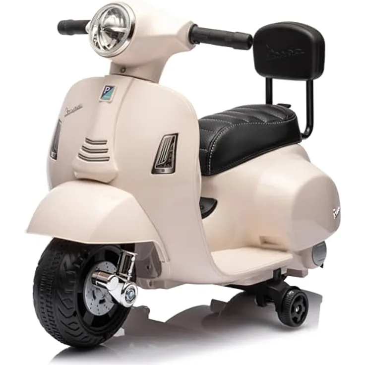 Sun Baby Vespa Elektro Motorrad für Kinder ab 18 Monaten, Weiß mit Rückenlehne, Hupe, Gaspedal, Beleuchtung, Seitenrädern, Elektroroller, Kinderroller, Kindermotorrad, Elektrofahrzeuge