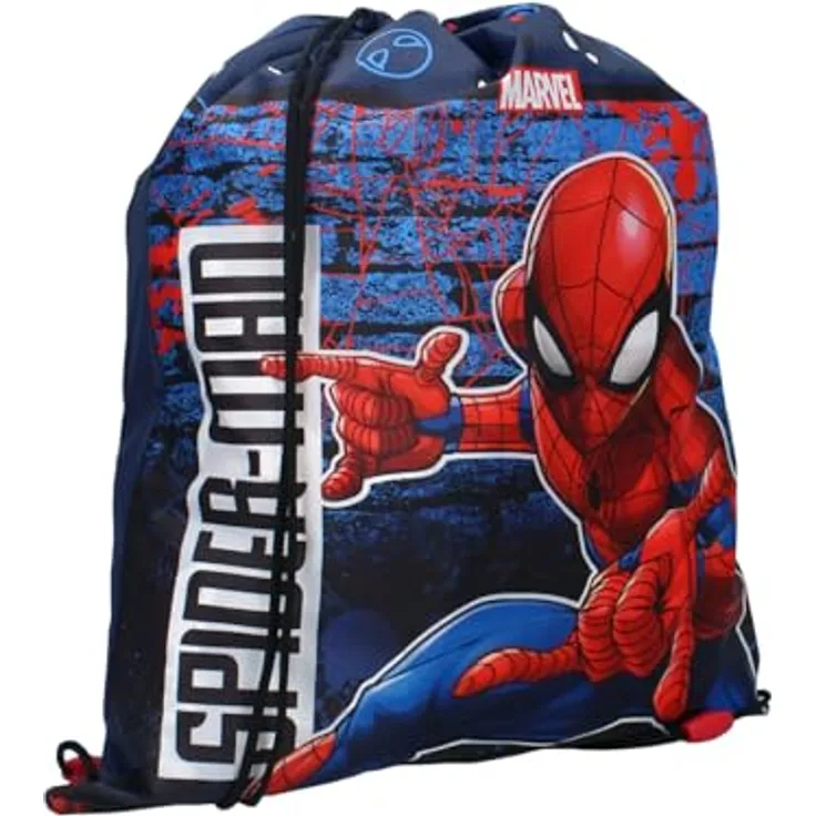 Spiderman Turnbeutel 44x36 cm, Dunkelblau mit Kordelzug und verstellbaren rosafarbenen Schultergurten für Kinder