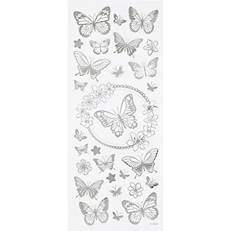 Sticker Schmetterlinge Blatt 10x24cm ca. 28 Stück, silber, Schmetterlinge, 1 Bogen