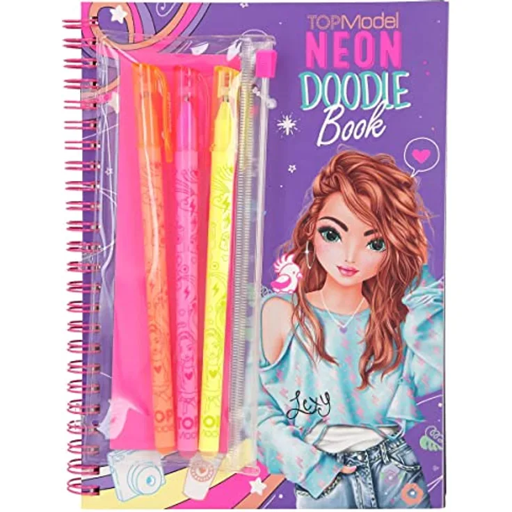 Depesche 11932 TOPModel Neon Doodle - Malbuch-Set mit 35 dunklen Seiten zum Ausmalen und Gestalten vieler Motive, Mal-Heft mit neonfarbenen Motiv-Outlines, 3 Neon Gelstiften und 1 Sticker-Bogen