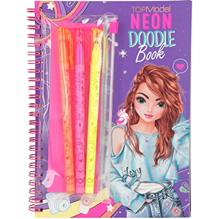 Depesche 11932 TOPModel Neon Doodle - Malbuch-Set mit 35 dunklen Seiten zum Ausmalen und Gestalten vieler Motive, Mal-Heft mit neonfarbenen Motiv-Outlines, 3 Neon Gelstiften und 1 Sticker-Bogen – Bild 1