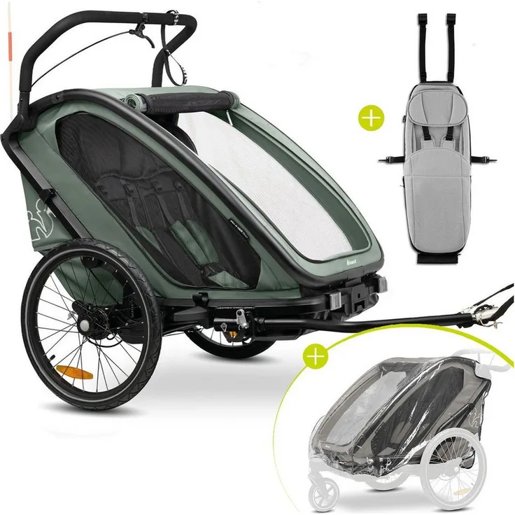 Hauck Bike N Walk Duo, 3-in-1 Fahrradanhänger Buggy für 2 Kinder, Dark Green, inkl. Babysitz & Regenschutz