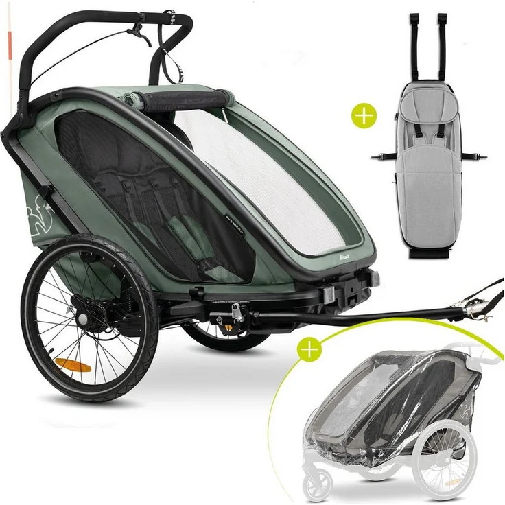 Hauck Bike N Walk Duo, 3-in-1 Fahrradanhänger Buggy für 2 Kinder, Dark Green, inkl. Babysitz & Regenschutz