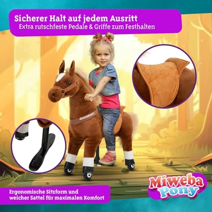 Miweba Pony Amadeus | Reitpferd auf Rollen für Kinder - Schaukelpferd mit Rücklaufbremsen und ergonomischem Sattel - 3-5 Jahre – Bild 4