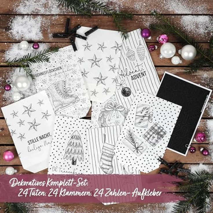 PAPIERDRACHEN Extravaganter Adventskalender zum Befüllen - mit 24 weißen Geschenktüten und 24 Zahlenaufklebern - Motiv Christmas Set 15 - zum Basteln und Verschenken - Weihnachten & Advent – Bild 5