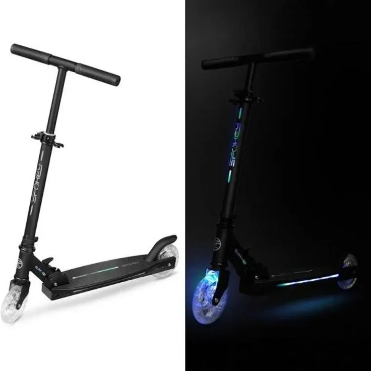 Spokey Glow-Go Leuchtroller, faltbarer Scooter mit LED-Beleuchtung und verstellbarem Lenker, transparente Räder
