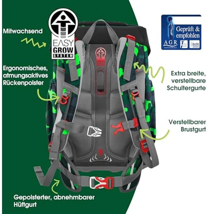 Step by Step Giant Schulranzen-Set „Black Cat Chiko“, ergonomischer Tornister, 5-teilig, grau-grün, 23 Liter, höhenverstellbar mit Hüft- und Brustgurt, inklusive reflektierenden Elementen und MAGIC MAGS – Bild 4