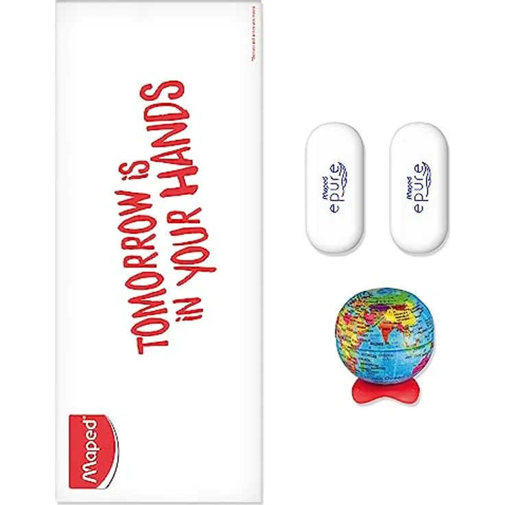 Maped - Set mit 1 Bleistiftspitzer Globus und 2 Radiergummi, weiß, weiche Haptik, für Weichheit und Komfort