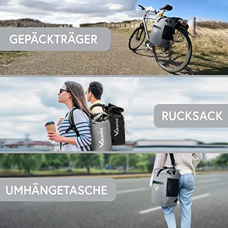 Valkental Vollreflektierende 3in1 Fahrradtasche - NEUAUFLAGE 2024 - Wasserdicht & Reflektierend - 23L - Grau – Bild 2