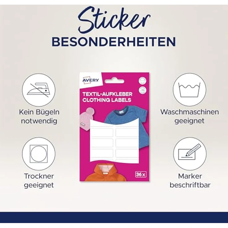AVERY Zweckform ETVET36 Namensaufkleber, wasserfest für Kleidung, 36 Stück, 13x45mm, selbstklebende Textil-Etiketten aus Vinyl, dermatologisch getestet, weiß – Bild 2